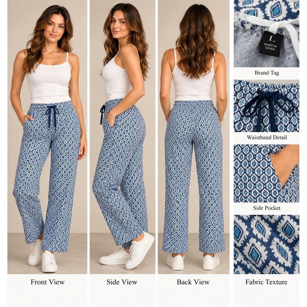 Wide Leg Lounge Pants Womens L Blue White Excellent Boho Coastal Print
